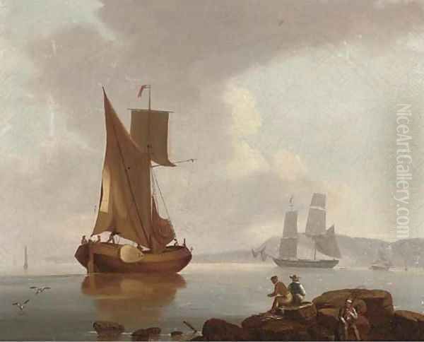 A merchantman and a barge in a calm offshore, with fishermen on the rocks in the foreground Oil Painting by John Thomas Serres