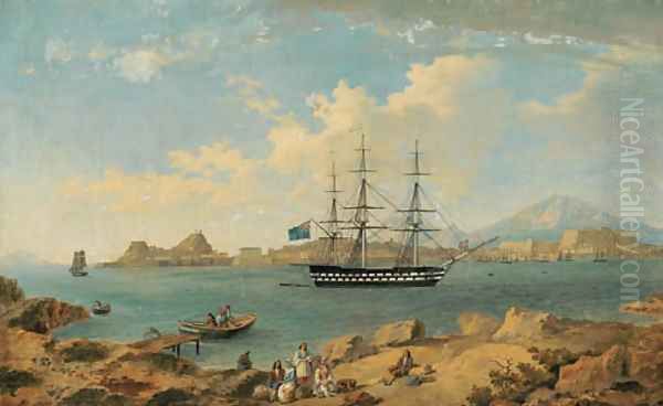 A British second rate ship of the line, flying the ensign of an admiral of the blue squadron, at anchor off Corfu Oil Painting by Joseph Schranz