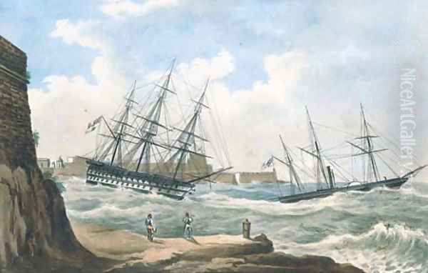 A British paddle sloop ahead of a ship-of-the-line coming out of the harbour at Valetta in heavy seas Oil Painting by Joseph Schranz