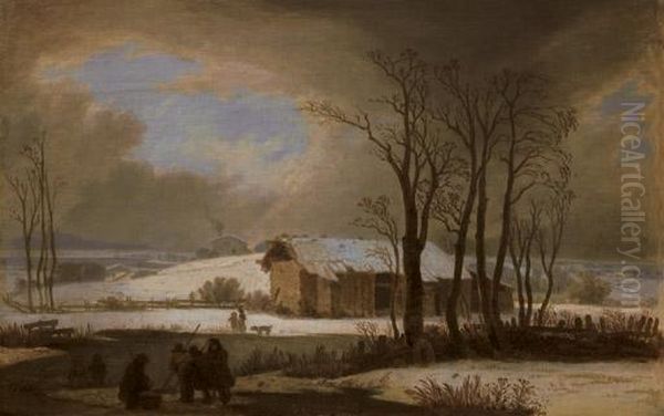 Paysage D'hiver Avec Deux Groupes De Personnages Et Une Grange Pres D'un Etang Oil Painting by Wolfgang-Adam Toepffer