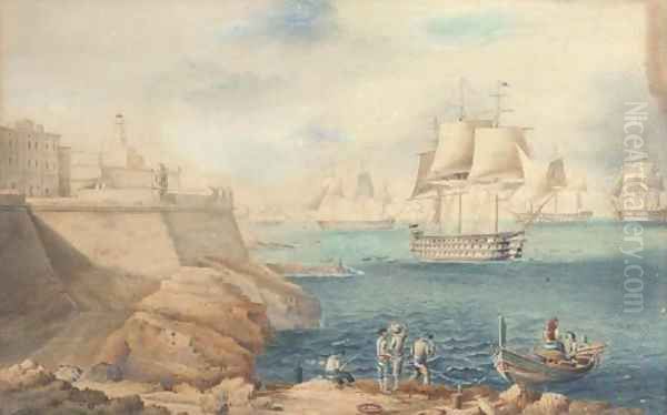 A squadron of warships off the entrance to Grand Harbour, Valetta Oil Painting by Joseph Schranz