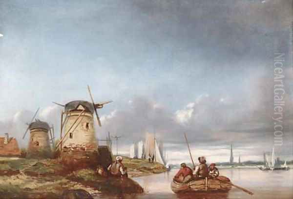 Windmills on the bank of a river Oil Painting by Joseph Stannard