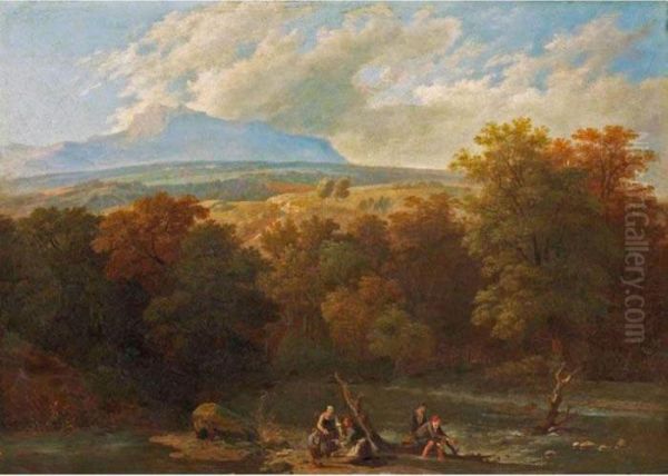 River Landscape With Anglers Oil Painting by Wolfgang-Adam Toepffer