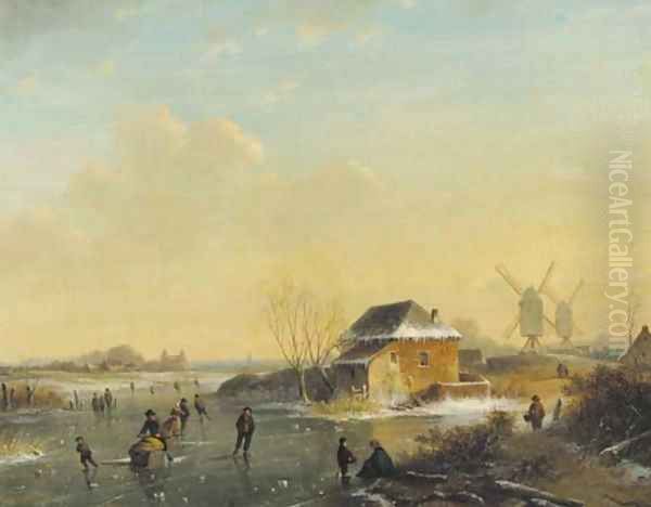 Skaters on a frozen waterway Oil Painting by Louis Smets