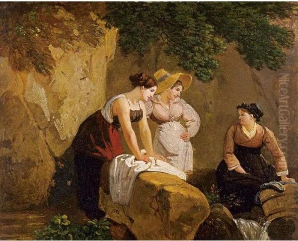 Washerwomen In A Grotto Oil Painting by Wolfgang-Adam Toepffer