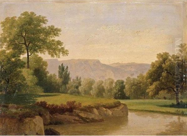 River Landscape With A View Of Saleve Oil Painting by Wolfgang-Adam Toepffer