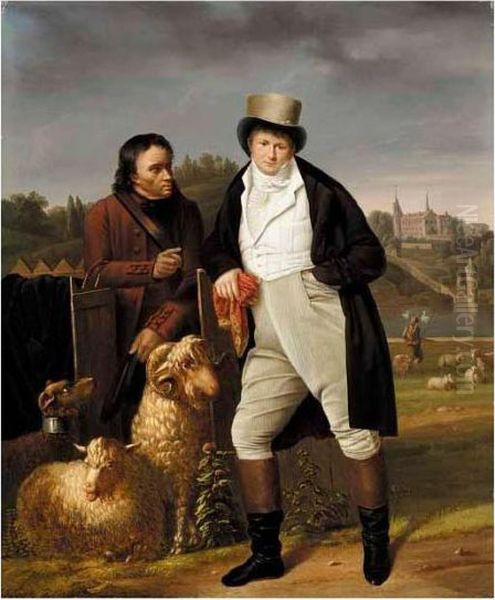 A Portrait Of A Gentleman With A
 Shepherd In An Extensive Parkland Landscape, With A Schloss Beyond Oil Painting by Wolfgang-Adam Toepffer