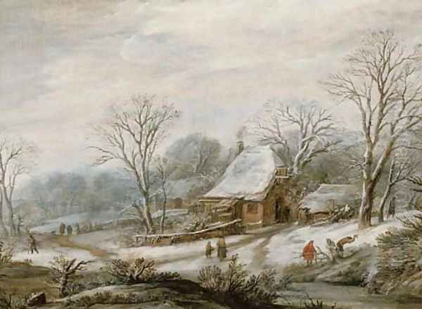 A winter landscape with figures by a cottage by Pieter Dircksz. Santvoort