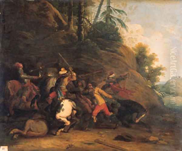 A cavalry skirmish before a wooded hill Oil Painting by Pieter Snayer