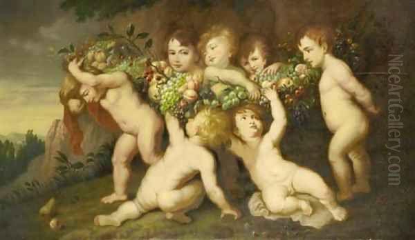 Putti carrying a swag of fruit in a landscape Oil Painting by Sir Peter Paul Rubens And Frans Snyders