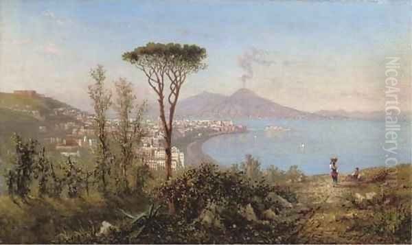 Naples and Castello dell'Ovo with Mount Vesuvius beyond Oil Painting by Achille Solari