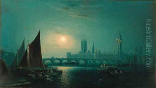 A moonlight view of the Thames, Westminster Oil Painting by Ansdele Smythe