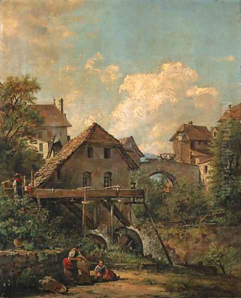 Continental Views Women by a watermill Oil Painting by Jacob George Strutt