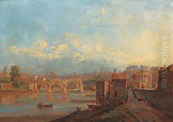 View of Rome with the Ponte Rotto and the Temple of Vesta Oil Painting by Jacob George Strutt