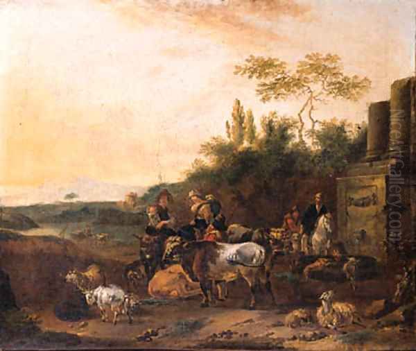 Cowherds and shepherds with cattle by classical ruins in an Italianate landscape Oil Painting by Jan Frans Soolmaker