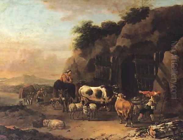 Peasants driving their cattle and sheep into a cave in an Italianate landscape Oil Painting by Jan Frans Soolmaker