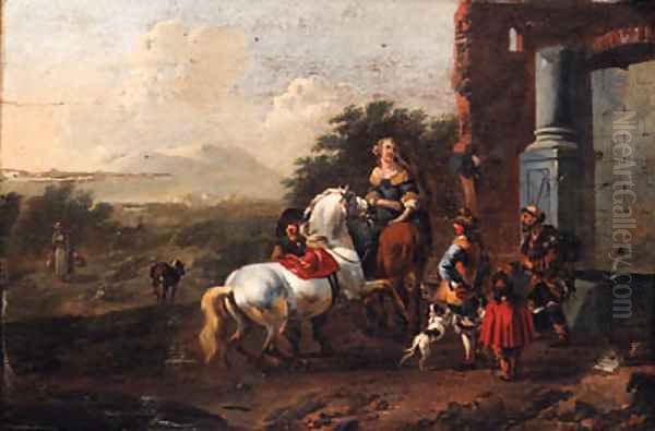 Travellers by a roadside Fountain Oil Painting by Jan Frans Soolmaker