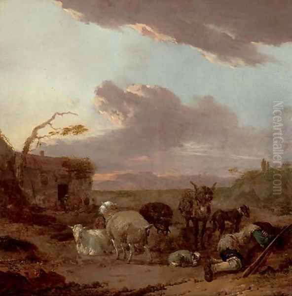 An evening landscape with a shepherd resting with his flock by a house Oil Painting by Jan Frans Soolmaker