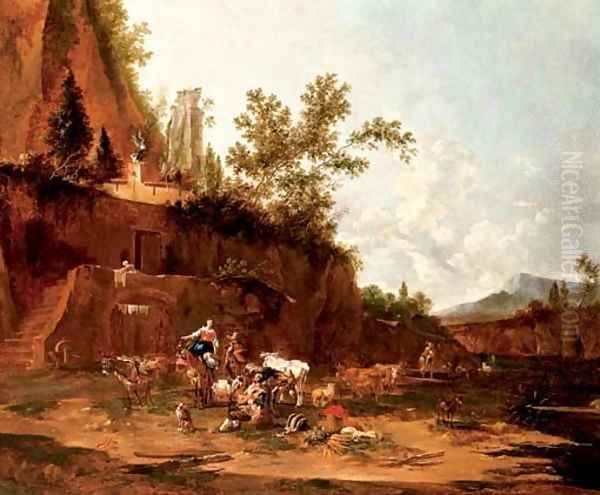 Herders resting in an italianate landscape Oil Painting by Jan Frans Soolmaker