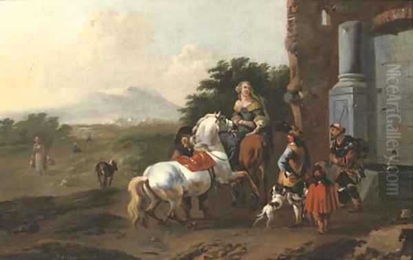 Riders resting by a fountain with a mendicant and dogs, figures on a path and mountains beyond Oil Painting by Jan Frans Soolmaker