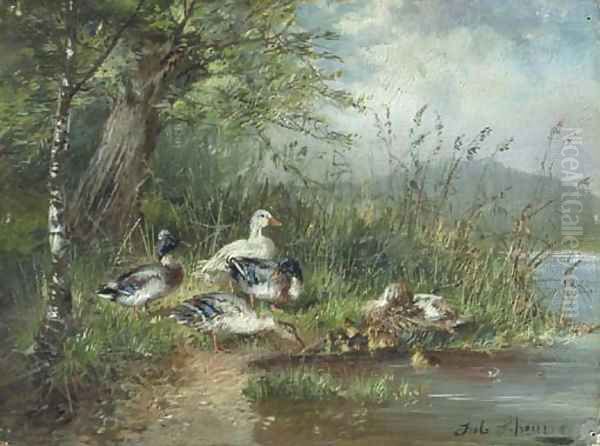 Ducks on a riverbank Oil Painting by Julius Scheuerer