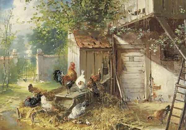 Huthnerhof Oil Painting by Julius Scheuerer