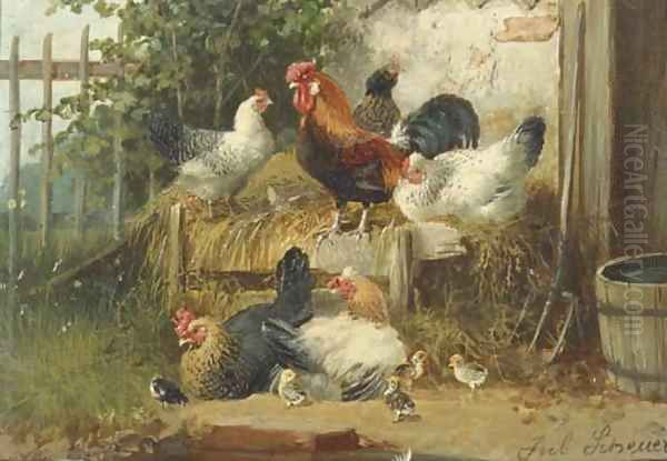 Poultry in a farmyard Oil Painting by Julius Scheuerer