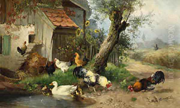 Roosters, Hens and Ducks on the Farm Oil Painting by Julius Scheuerer