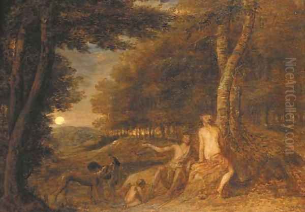 A wooded landscape with figures fishing by a waterfall Oil Painting by Maximilian Joseph Schinnagl