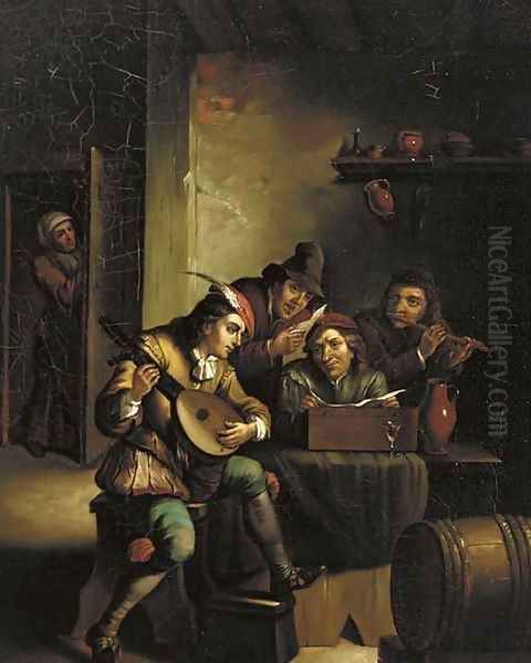 And Making Merry Music In A Dutch Tavern Oil Painting by Munich School