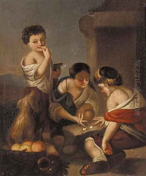 Children playing dice Oil Painting by Munich School