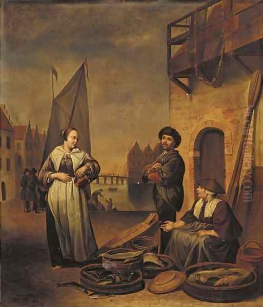 Selling Fish On A Dutch Quay Oil Painting by Munich School