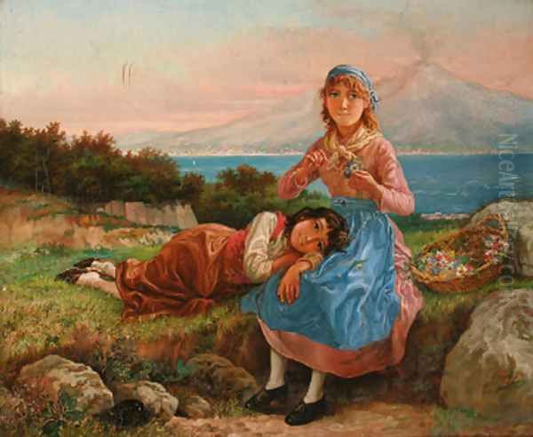 Two girls resting on a bank with a basket of flowers, Vesuvius and the bay of Naples beyond Oil Painting by Neopolitan School