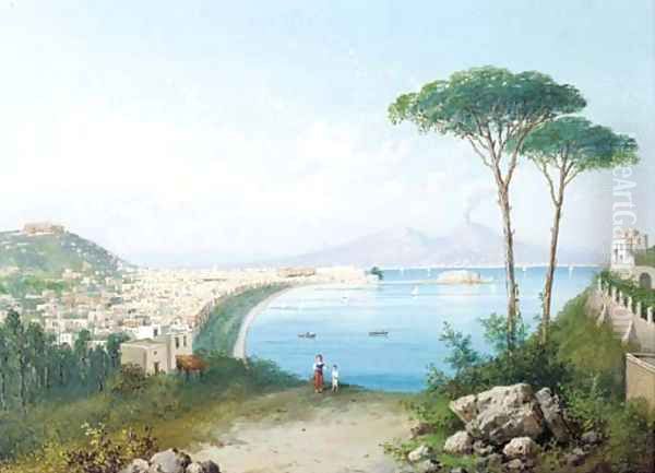 View of Naples with Mount Vesuvius beyond Oil Painting by Neopolitan School