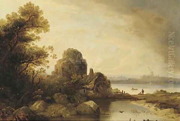 Figures by a watermill in a river landscape, a windmill beyond Oil Painting by Norwegian School