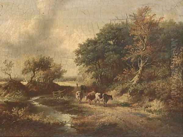 Cattle on a wooded track Oil Painting by Norwegian School