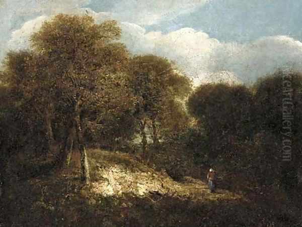 Figures on a path in a wooded landscape Oil Painting by Norwegian School