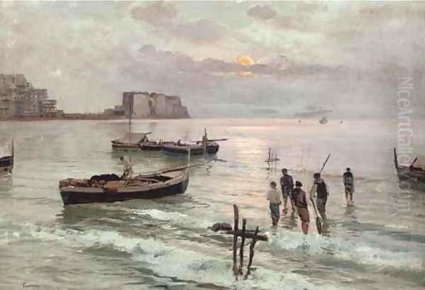 Italian fishermen at dusk Oil Painting by Raimondo Scoppa