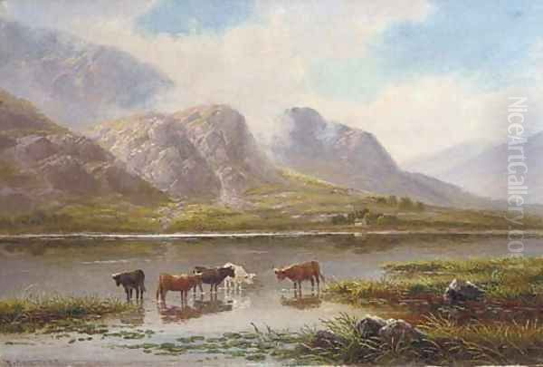 Cattle in a Highland landscape; and Cattle watering Oil Painting by Thomas Seymour