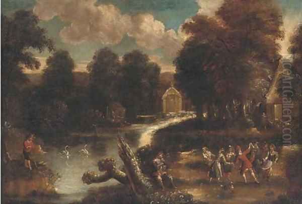 A wooded river landscape with merry-makers Oil Painting by Tyrolean School