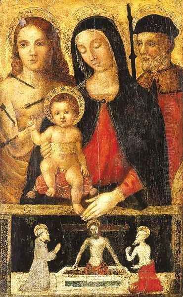 The Madonna and Child with Saint Sebastian and a pilgrim saint Oil Painting by Umbro-Roman School