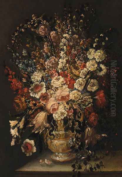 Roses, Carnations, Tulips, and other Flowers in a sculpted Urn on a Ledge Oil Painting by Andrea Scaccati