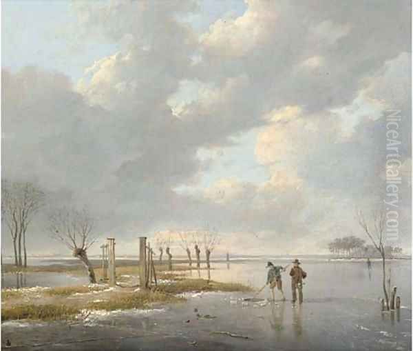 Fishermen cutting a hole in the ice Oil Painting by Andreas Schelfhout