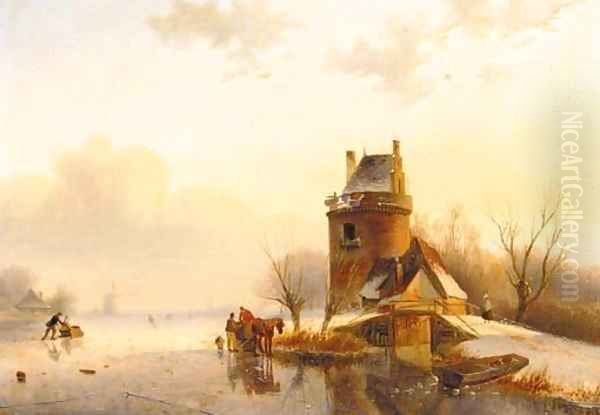 A tower by a frozen lake Oil Painting by Andreas Schelfhout