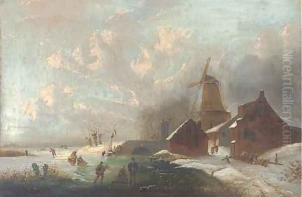 Figures on a frozen waterway Oil Painting by Andreas Schelfhout