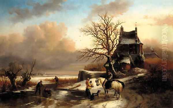 Figures by a cottage in a Dutch winter landscape Oil Painting by Andreas Schelfhout