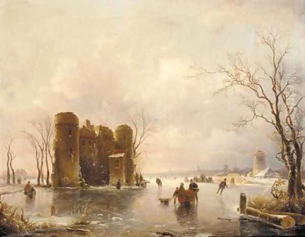 Figures skating on a frozen pond, windmills beyond Oil Painting by Andreas Schelfhout