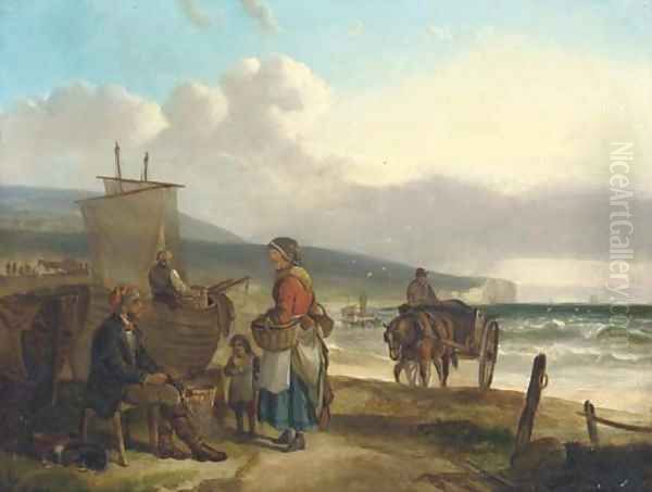 Fisherfolk on a beach Oil Painting by Charles Waller Shayer