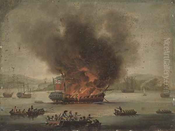 A frigate ablaze offshore Oil Painting by Dominic Serres