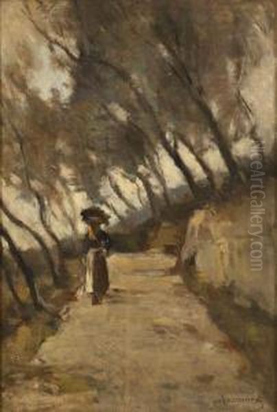 Strada Fra Gli Ulivi E Contadina Oil Painting by Ludovico Tommasi